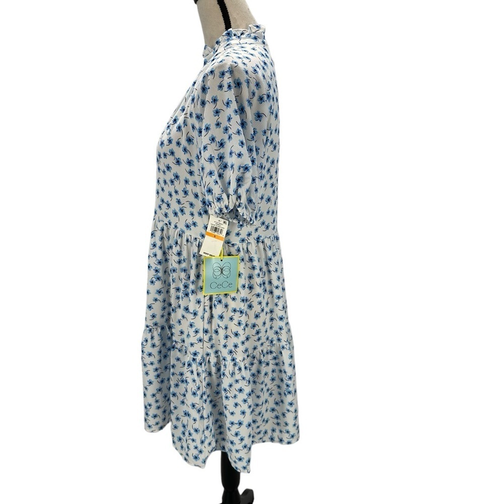 CeCe Short Sleeve Mock Neck Floral Print Midi Dress - Blue White - size Small - Picture 4 of 9